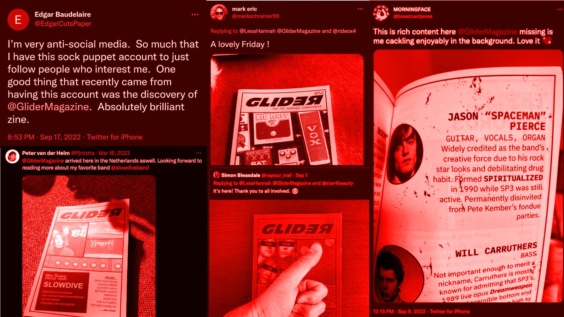screenshots of twitter reviews for Glider Magazine